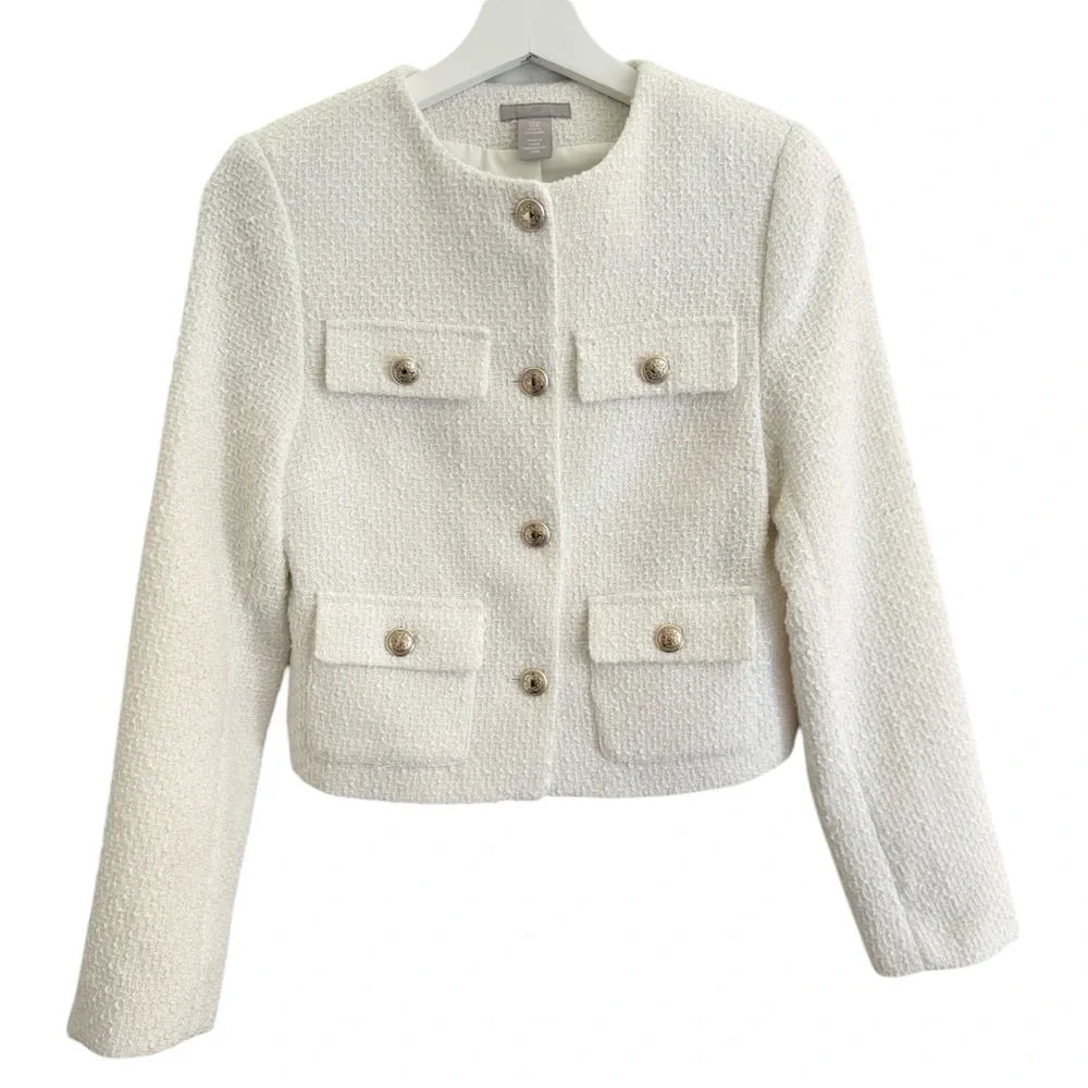 BNWOT Elegant H&M Cream and White Tweed Jacket with Gold Buttons Textured-Weave - Picture 8 of 13